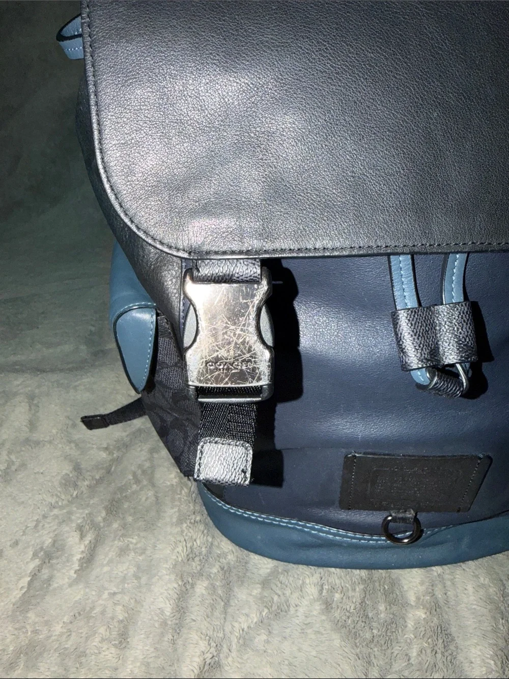 Coach Men’s Blue Leather & Signature Canvas Flap Backpack